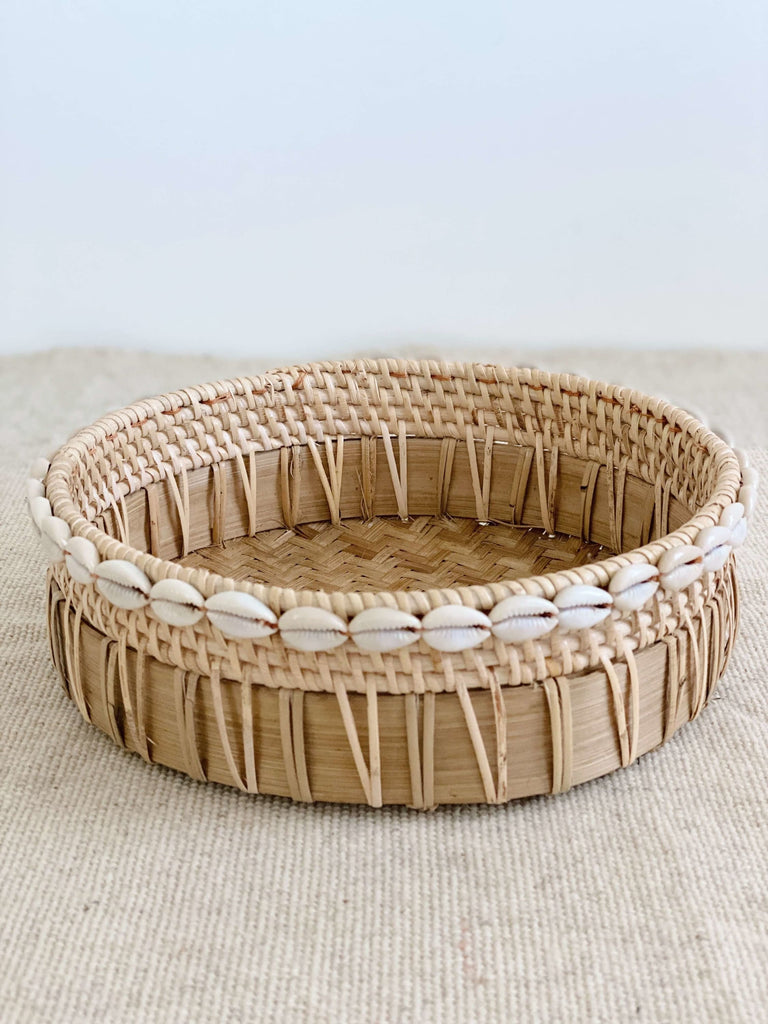 small handmade bamboo and rattan tray basket with cowrie shell detail