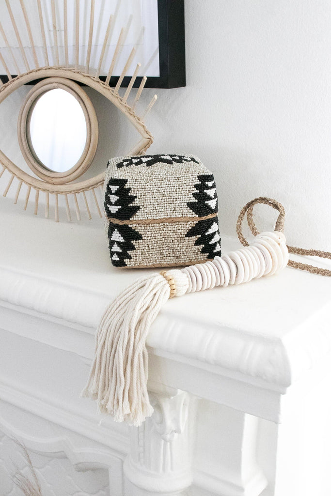 beaded bamboo baskets - tribal print - home decor
