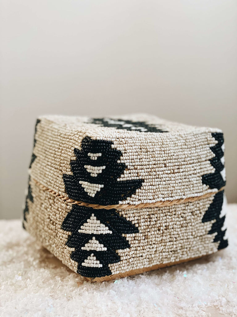beaded bamboo baskets - tribal print - medium 7 x 7 - home