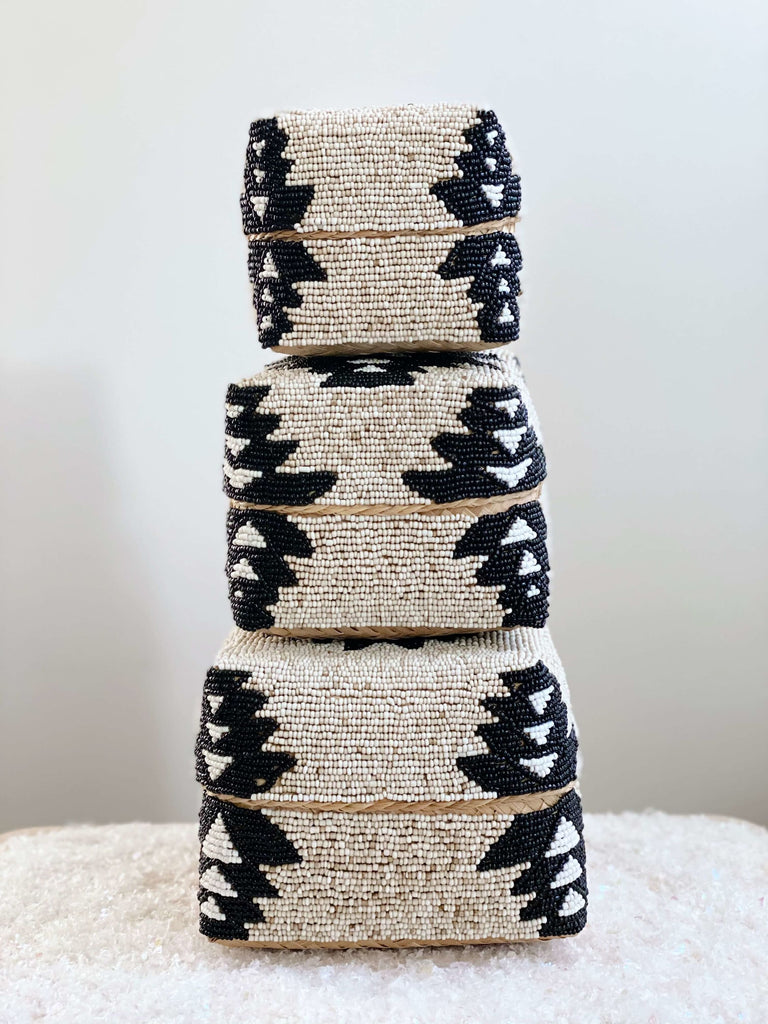 beaded bamboo baskets - tribal print - trio set - home decor