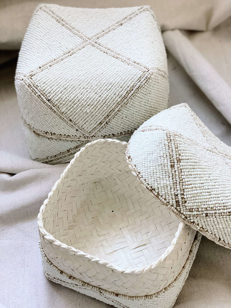aerial shot of open beaded bamboo basket