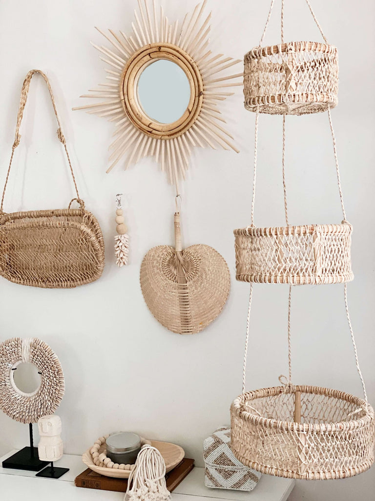 trio handwoven hanging full moon bohemian basket hanging with surrounding aesthetic boho decor