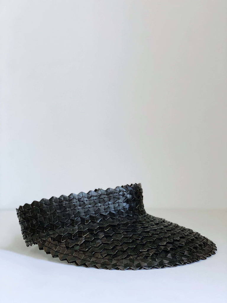 palm leaf black sun visorproduct photo of bohemian handwoven palm leaf black sun visor with white background