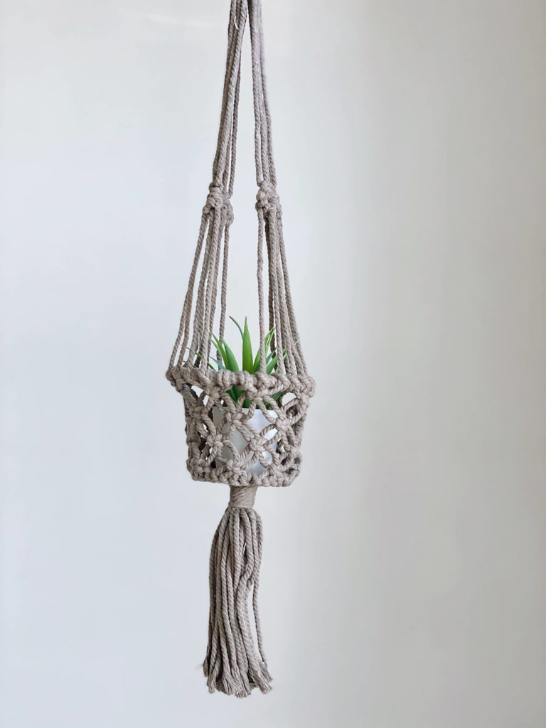mini brown macrame handmade plant hanger basket with miniature cactus
