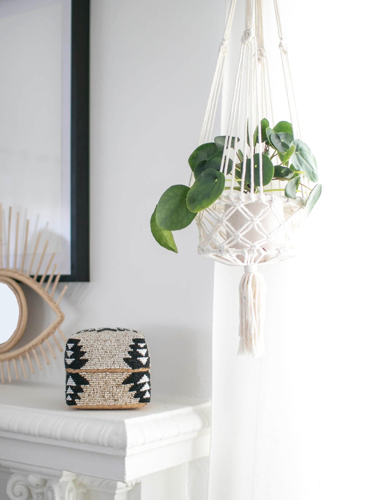 white macrame plant hanger holding pancake pilea plant in a light filled living room next to a bamboo beaded basket