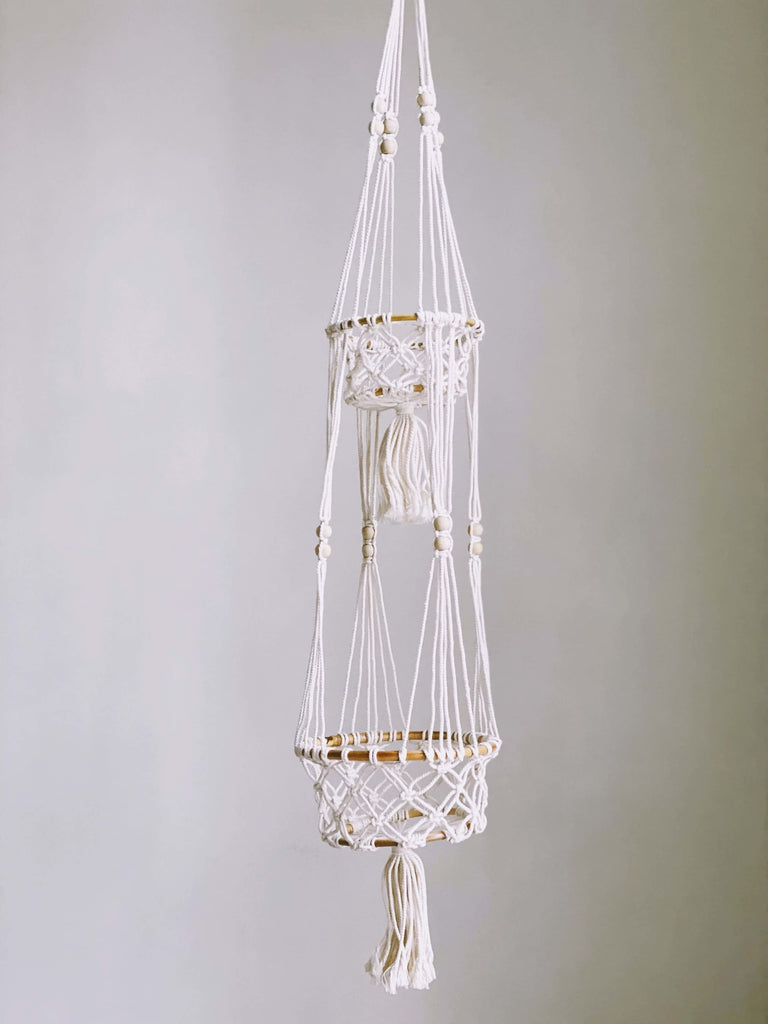 double plant hanger product photo of rattan base and macrame detail
