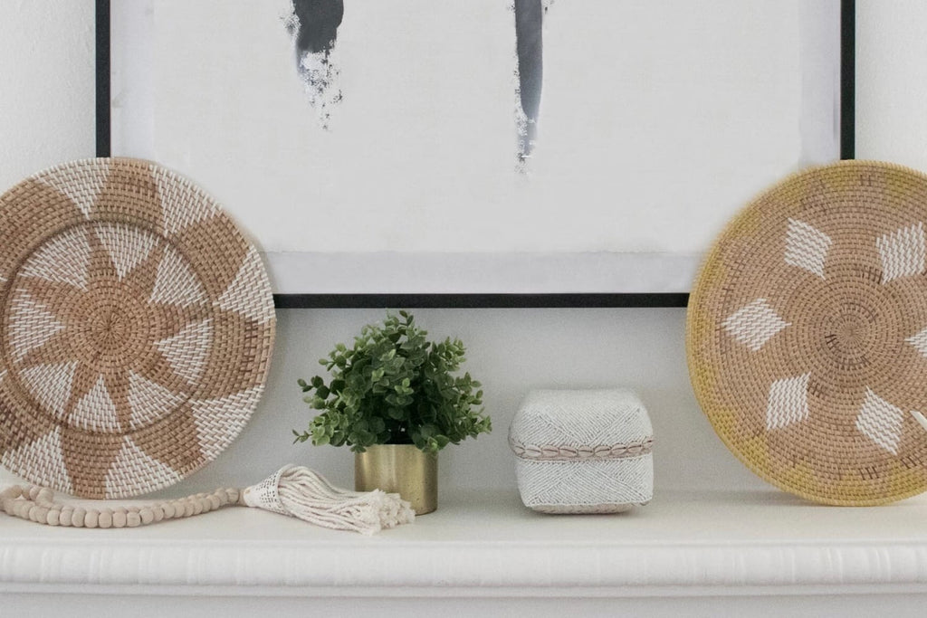handmade rattan wall baskets on mantel