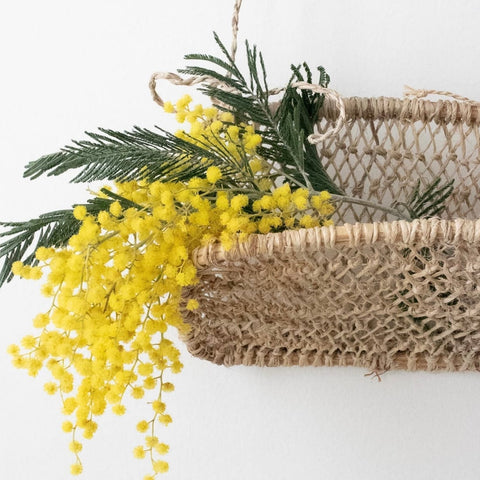 handwoven jonote huacal wall basket holding dried florals