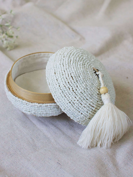 mini round hand-beaded white bamboo basket with cream tassel 