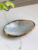 iridescent wood encased abalone shell on white marble