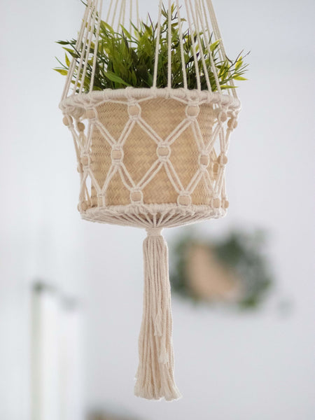 beautiful beaded macrame plant hanger close up with luscious green plant in woven pot