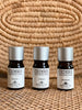 trio of lavender patchouli sandalwood essential oils with a woven wicker background