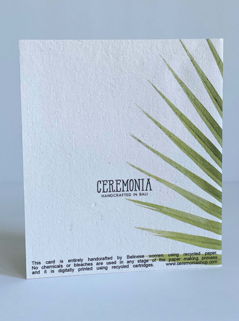 back of the palm leaf greeting card with the CEREMONIA logo and the tips of the palm leaves