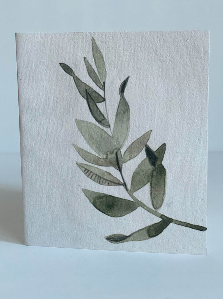 white greeting card with a branch and leaves of an olive plant 