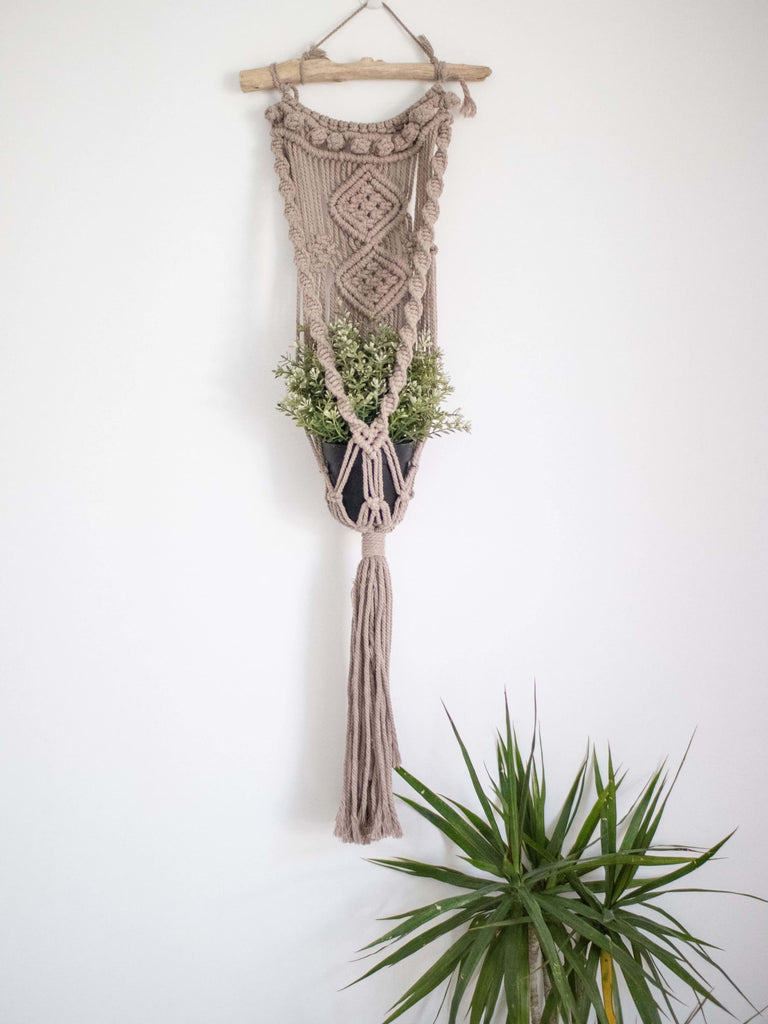 rustic brown handmade macrame wall plant hanger with tropical plants