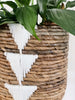 closeup of detail on bohemian handwoven banana leaf plant basket pot with luscious green plant