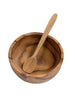 mini handcarved teak wood bowl and spoon set with white background