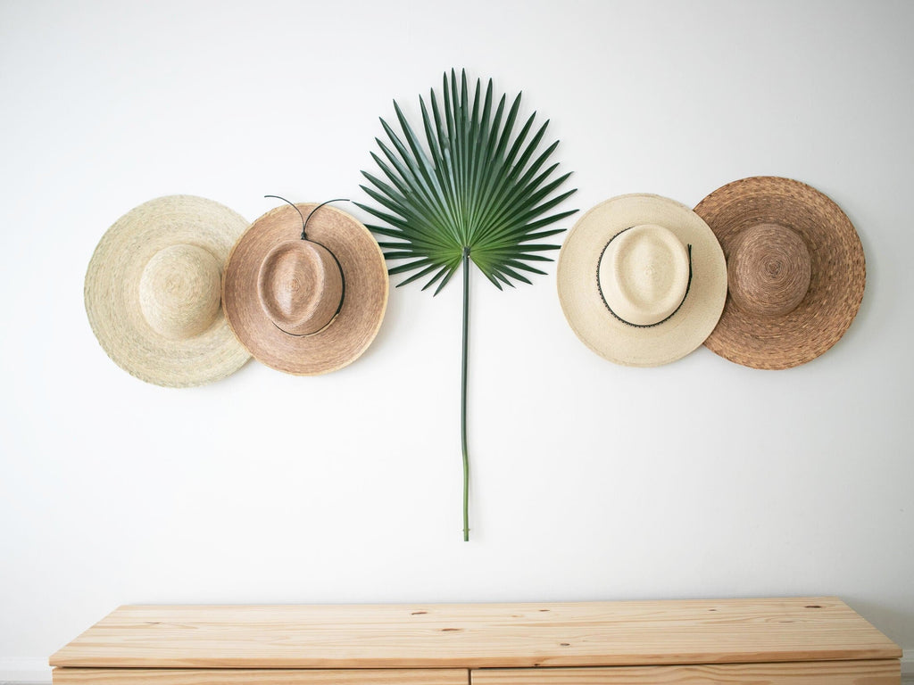 bohemian palm leaf hat collection hanging on white wall with palm leaf
