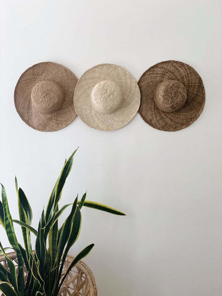 trio of natural brown handwoven bohemian palm leaf sun hats hanging on a white wall over a snake plant