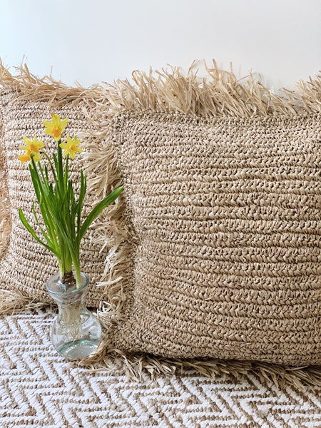 set of two handwoven bohemian raffia fringe pillows next to a beautiful vase of yellow flowers on boho rug