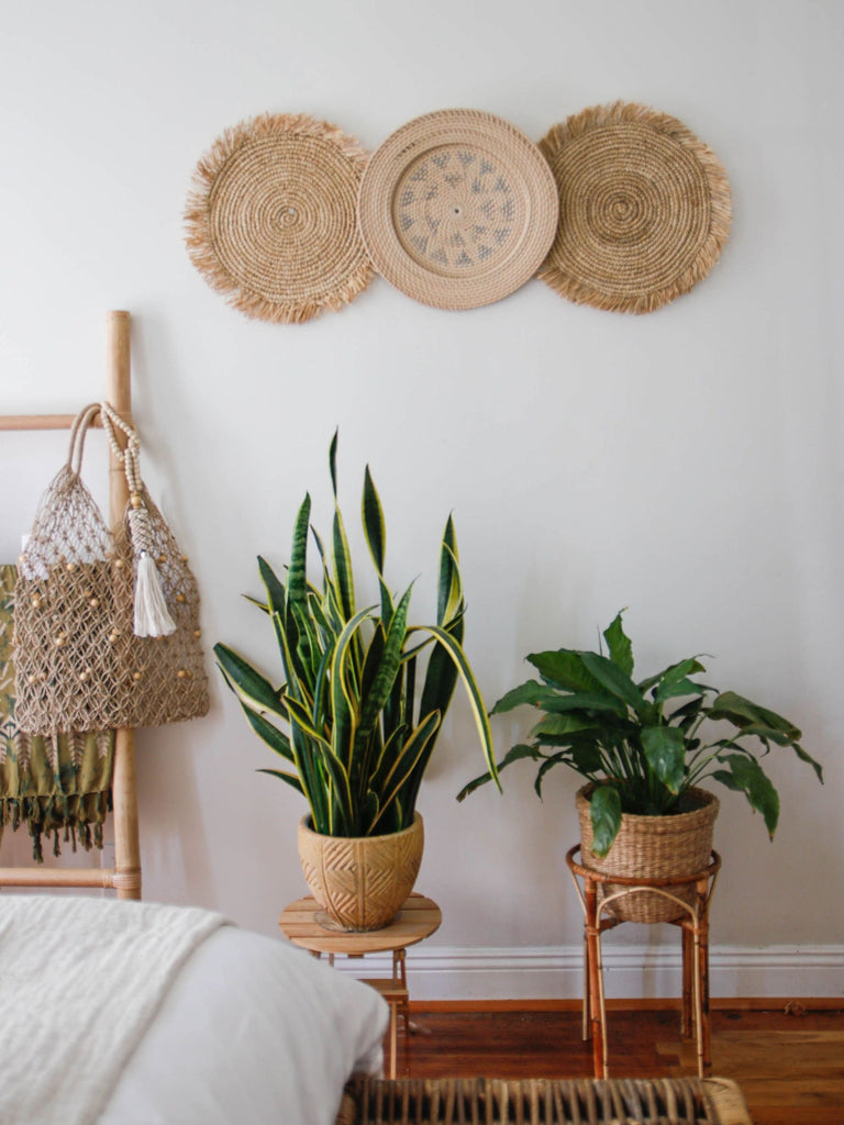 raffia fringe placemats used as wall decor over beautiful plants in handwoven pots in a scandi bohemian bedroom