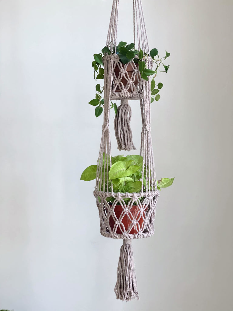 bohemian handmade brown macrame plant hanger holding beautiful green plants in a white room